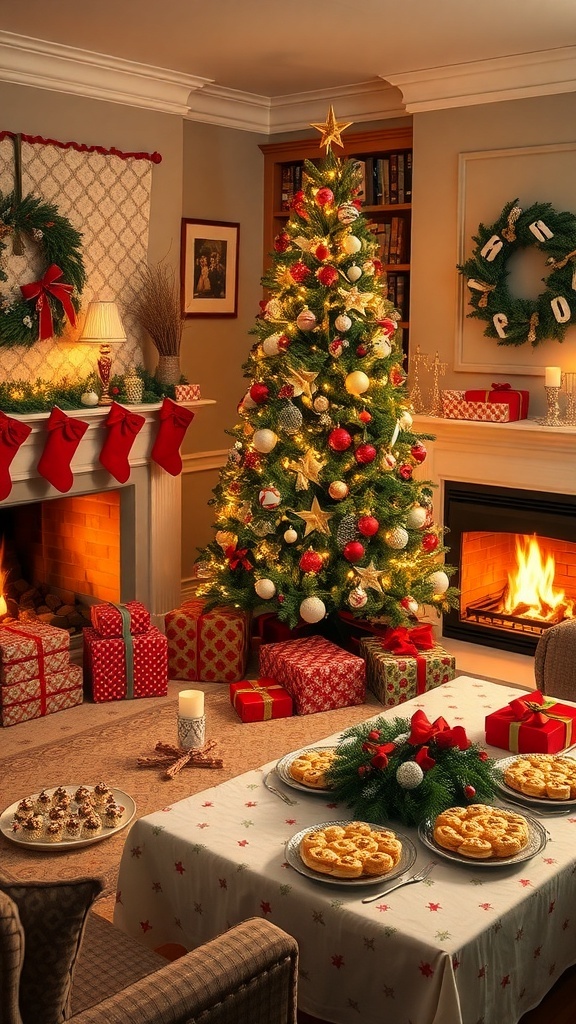 A cozy Christmas living room with a decorated tree and gifts, creating a festive atmosphere.